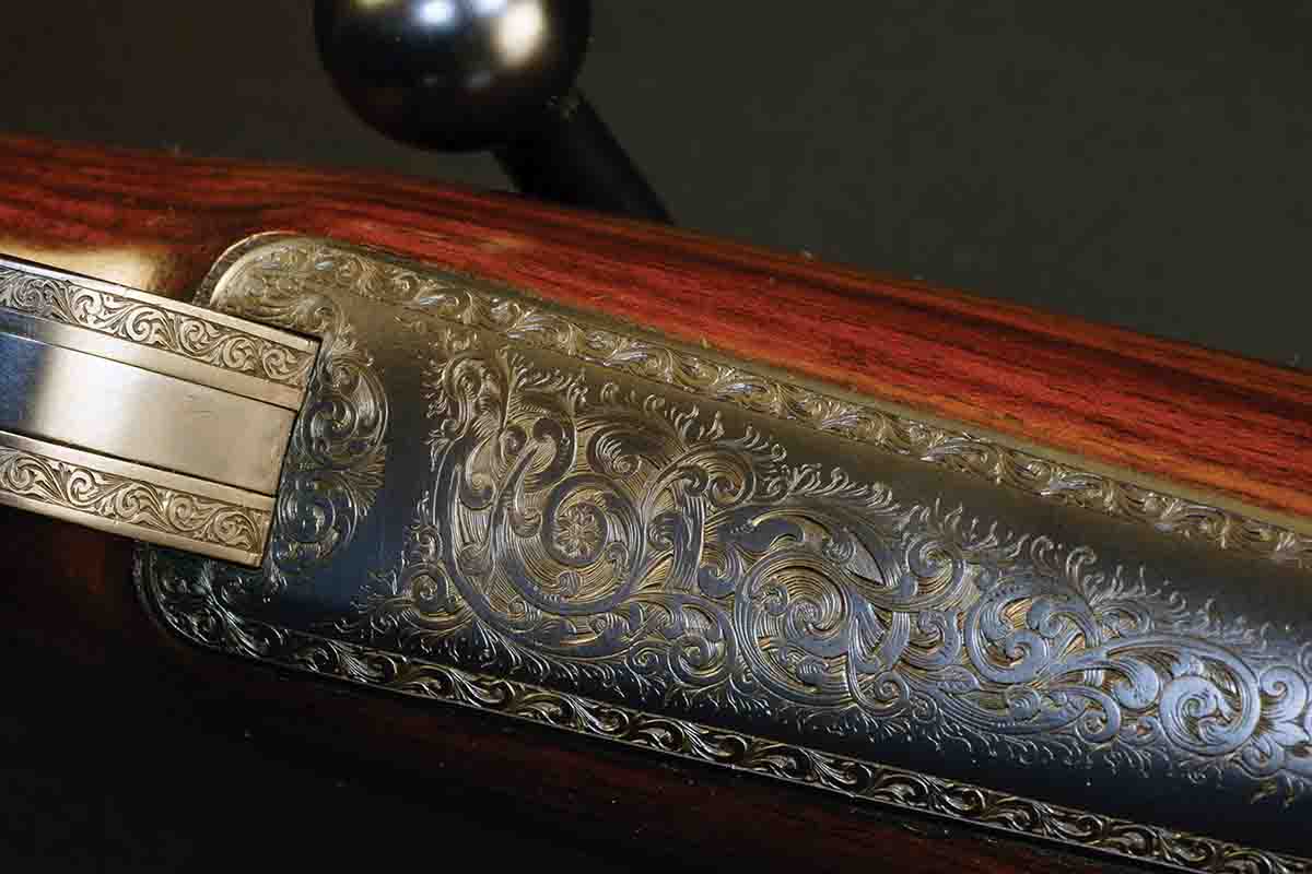 Floorplate scroll engraving on a John Rigby .400-350, probably made between 1900 and 1914.